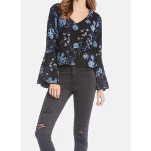 Fifteen Twenty Womens Size XS Bell Sleeves Top Blouse Black Blue Floral V Neck